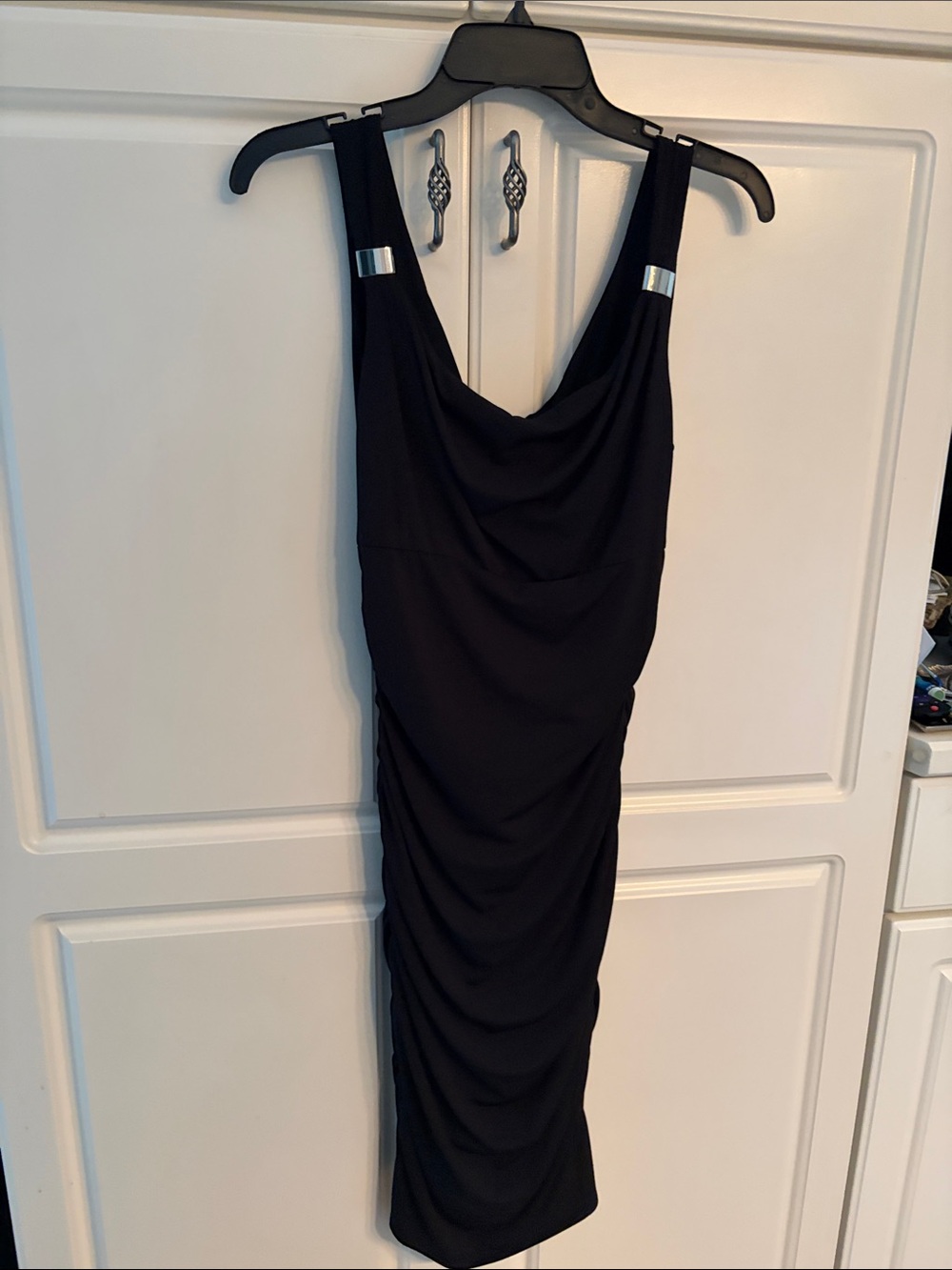 White House Black Market Black Sleeveless Draped Midi Dress with Silver Accents